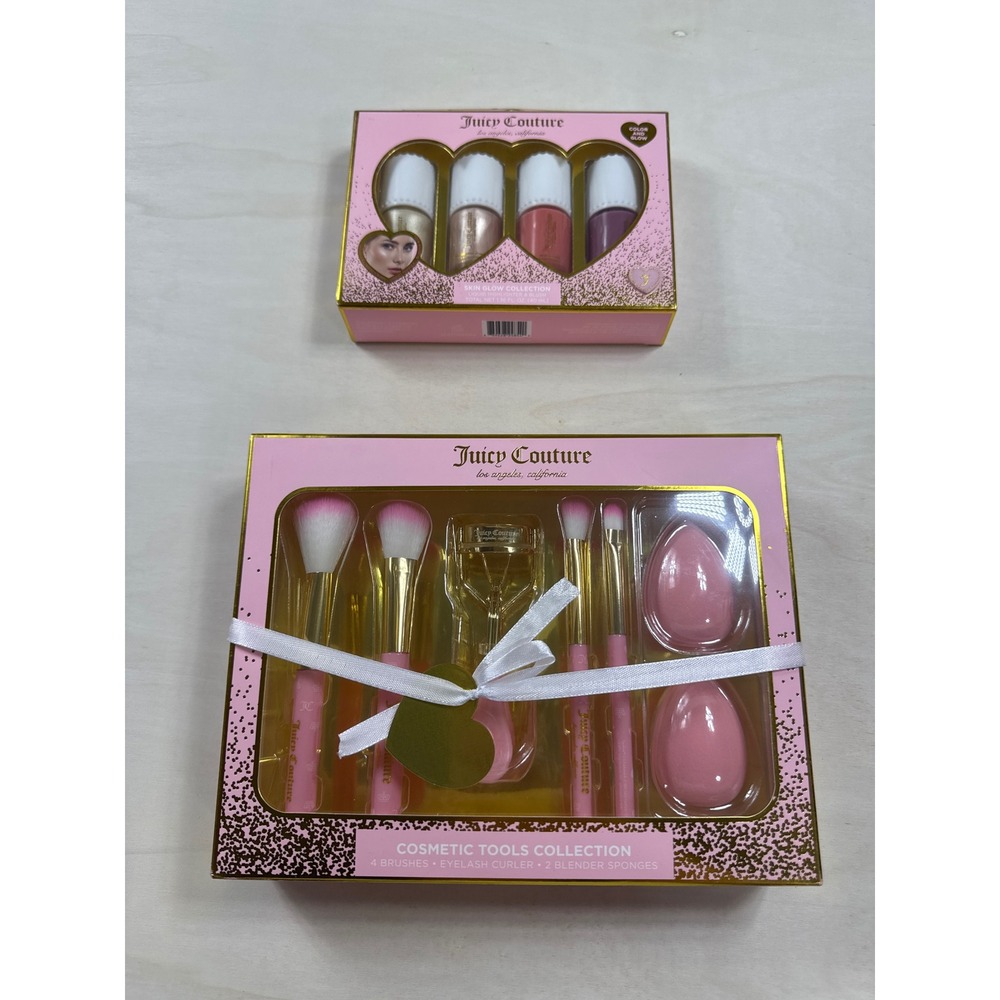 Juicy Couture Skin Glow Liquid Blush Highlighter & Cosmetic Tools Brush Set NIB